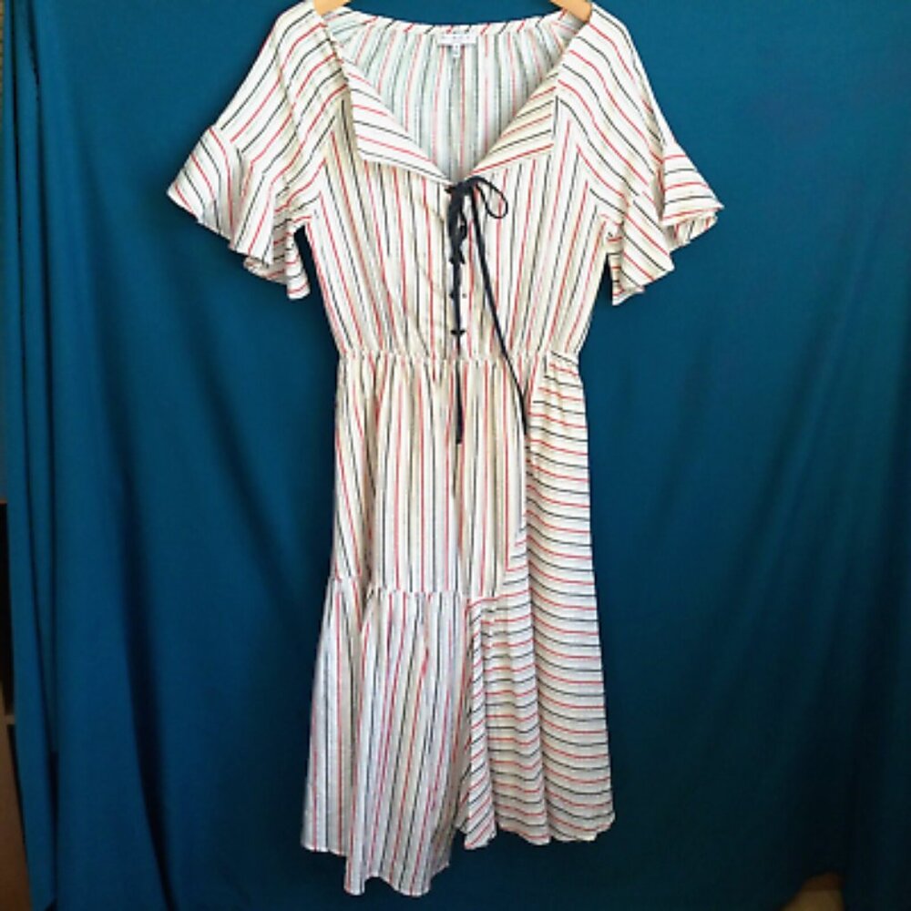 Current Air Dress Medium Los Angeles Cotton Lined Stripe Ruffles Midi Coastal